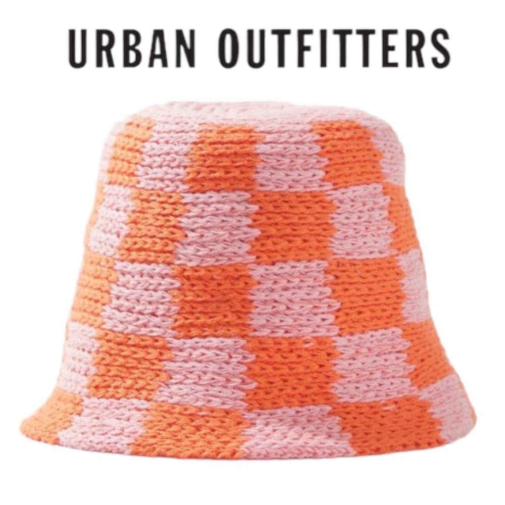 URBAN OUTFITTERS UO Pink Orange Checkered Crochet Bucket Hat NEW - Picture 3 of 3